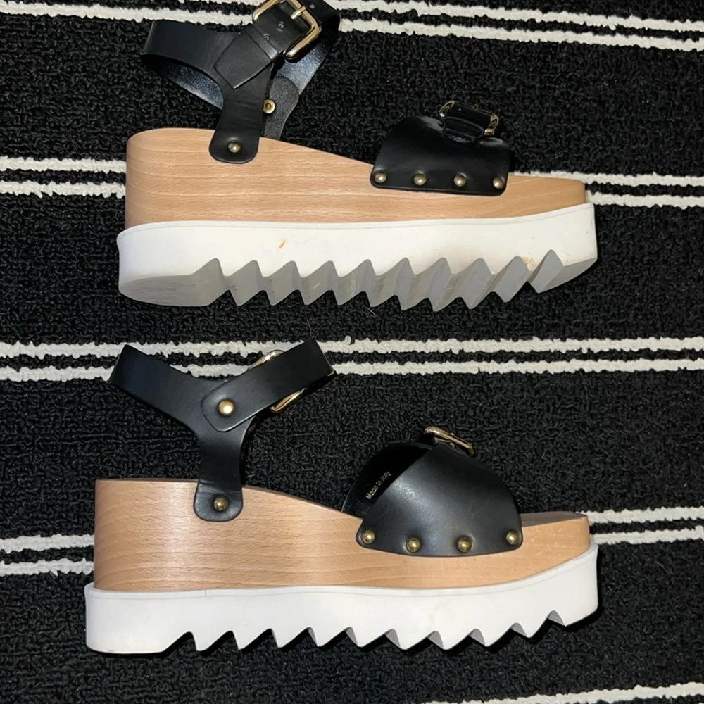 Stella McCartney Black White Elyse Wedge Wood Platform Buckle Sandals